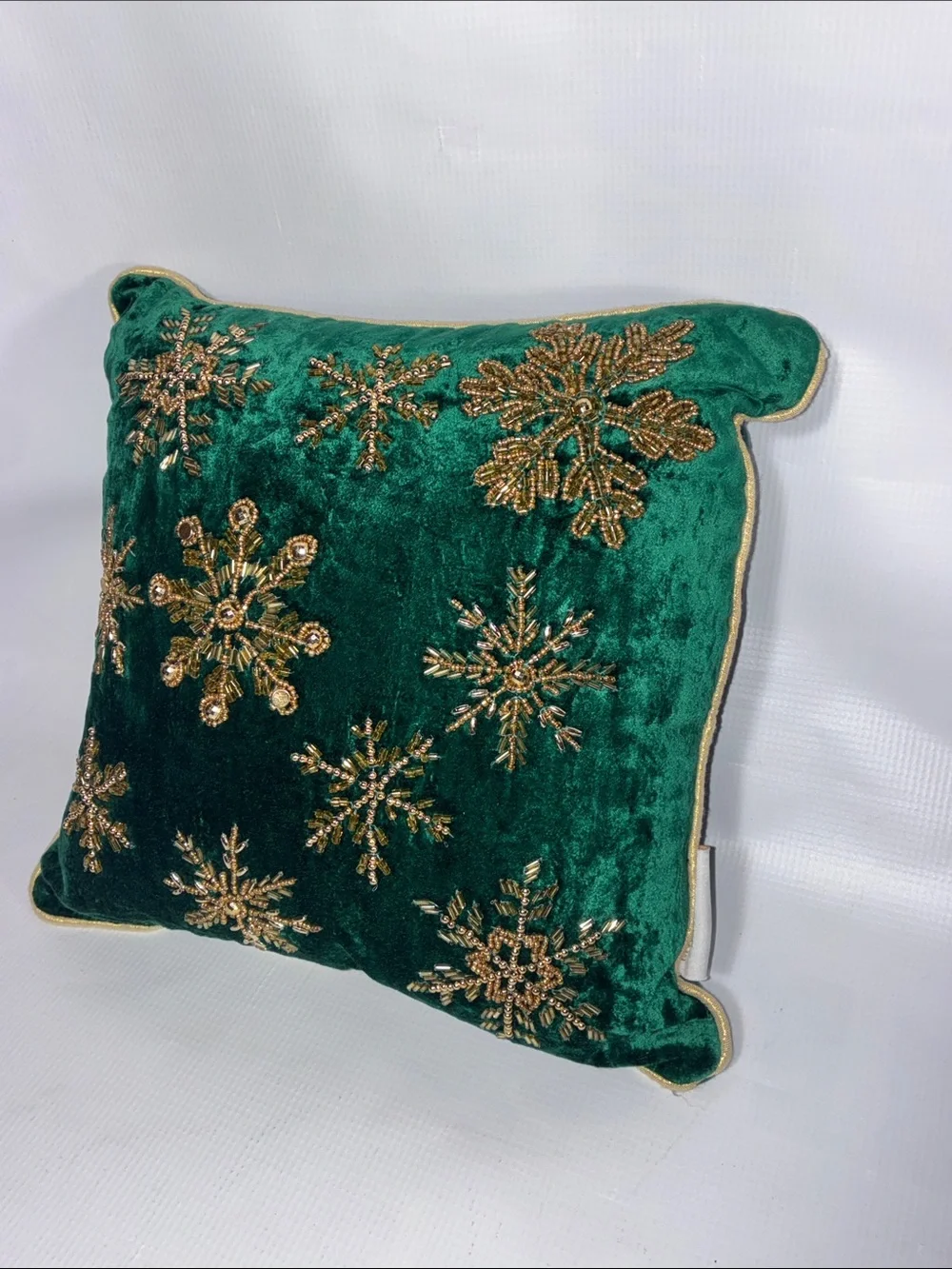 Holiday Velvet Green Decorative Throw Pillow Set with Gold Embellishments